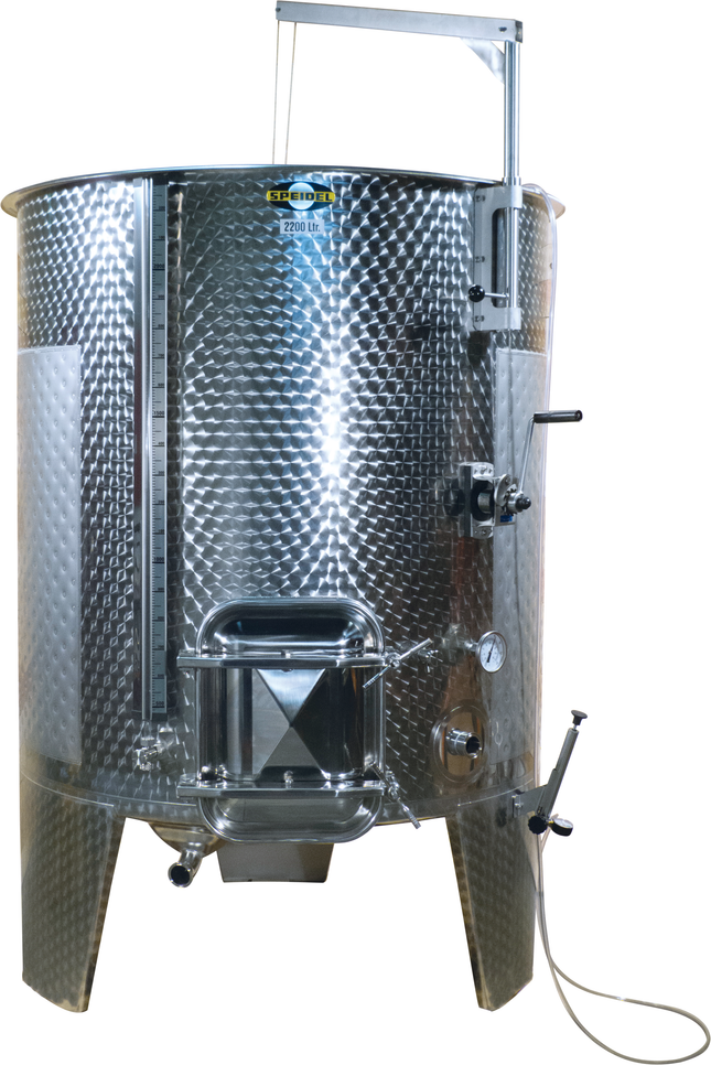 2200 l (581 gal) Speidel Variable Volume Max Jacketed Dish Bottom Tank with Oversized Manway, Extended Legs