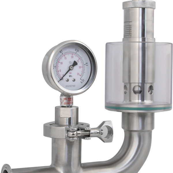 Tri-Clamp Spunding Valve | Integrated Pressure Gauge | Scaled Spunding Valve | Polycarbonate Liquid Cylinder | 2.2 BAR | 0-32 PSI | 1.5