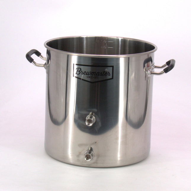 Brewmaster 8.5 Gallon Brew Kettle | Stainless Steel | Two Welded Couplers | Ball Valve Included | Silicone Handle Grips | Volume Markers - Used