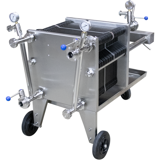 BevBright 40 Plate Filter, 40x40, 1.5" T.C. with Butterfly Valves and Double Filtration - Used/Refurbished