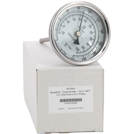 BrewBuilt - Thermometer - 1/2 in. NPT - 3 in. Dial Face x 6 in. Probe