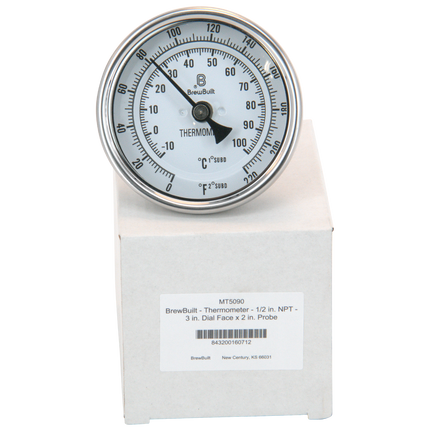 BrewBuilt - Thermometer - 1/2 in. NPT - 3 in. Dial Face x 2 in. Probe