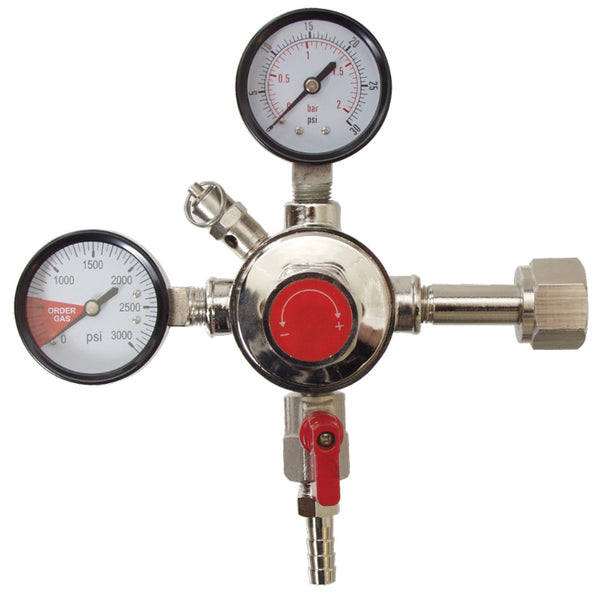 Fermentap Dual Gauge CO2 Regulator | 30 PSI Low Pressure Gauge | Built-In Pressure Relief Valve | On/Off Valve with Barb | 1/4