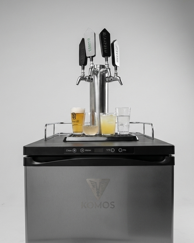 KOMOS beer dispenser with three taps and glasses of beer on a gray background