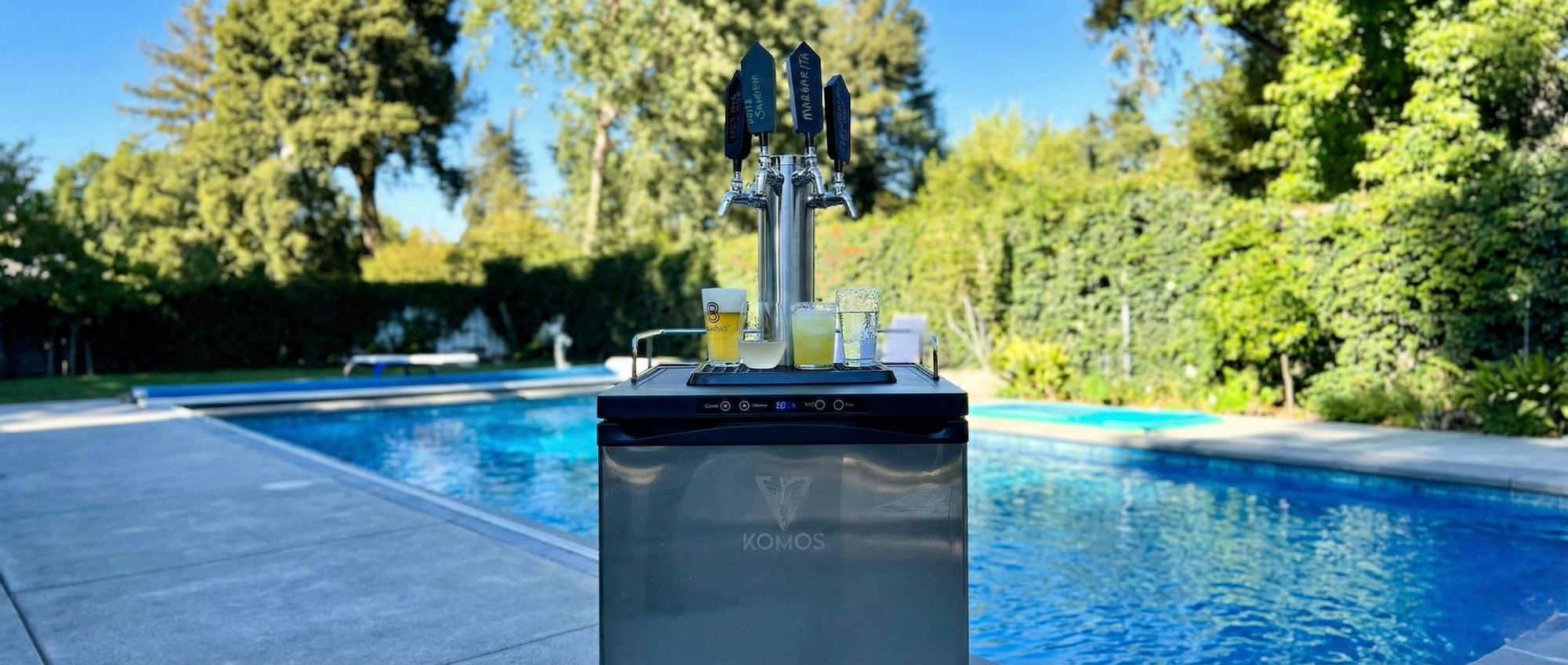 a kegerator poolside, lovely evening