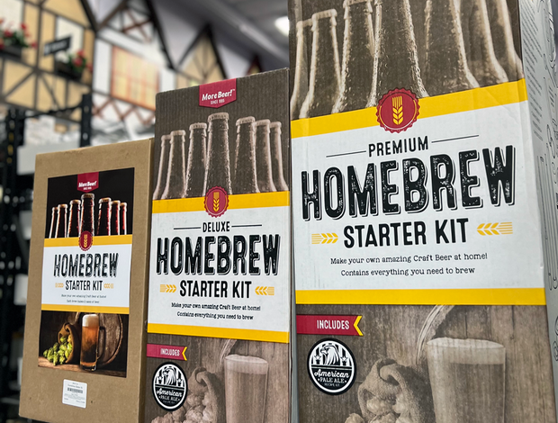 Three homebrew starter kit packages with branding and product details.
